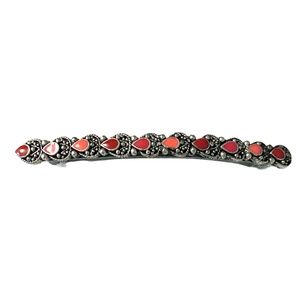 Vintage Style Silver Tone Marcasite Bar Barrette With Red Enamel Accents